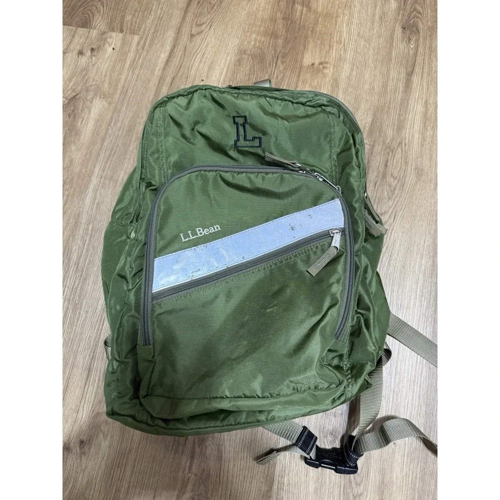 Vtg LL Bean Deluxe Reflective Backpack Nylon Green School Travel Hiking Daypack